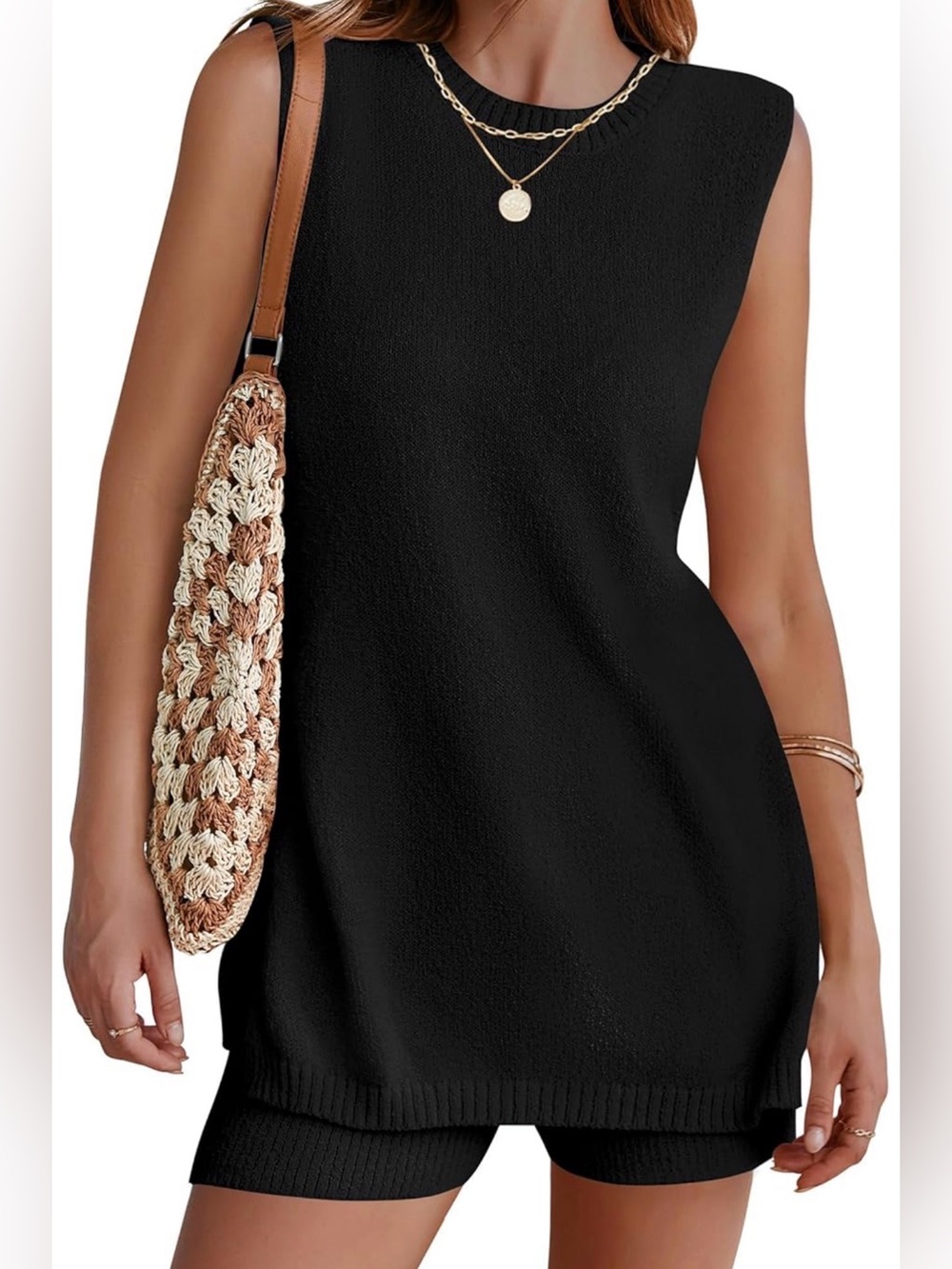 NENONA Women's Summer Sleeveless Sweater Lounge Set-Black